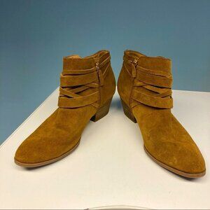 FRANCO SARTO Sz 10 Suede Straps Fringe Stacked Heel Western Style Zip Up Booties